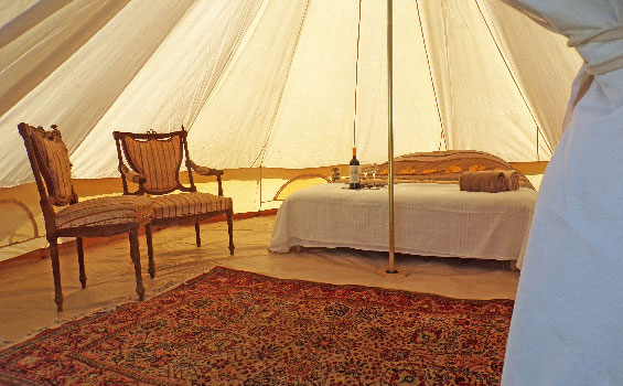 Photo de l'intérieur d'une tente avec un grand lit deux places, deux fauteuils et un plateau de bienvenue