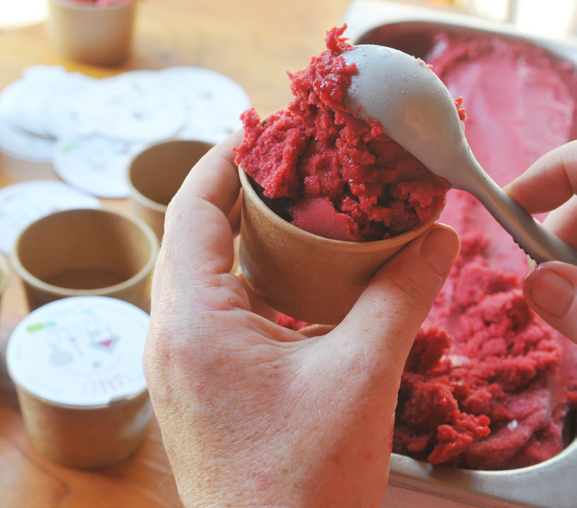 photo d'une personne remplissant un pot de sorbet de Cablanc